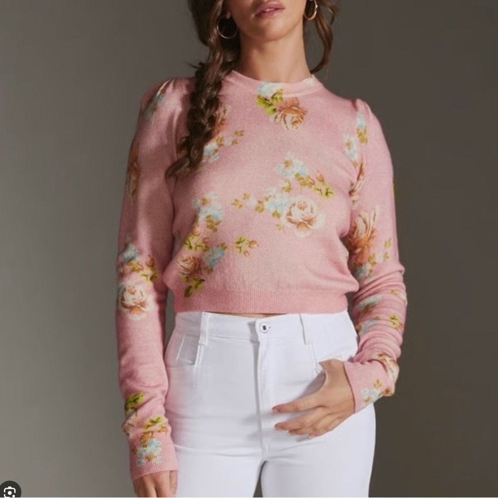 Favorite Daughter Sylvia Floral Cashmere Wool Blend Sweater Pink Long Sleeve - M